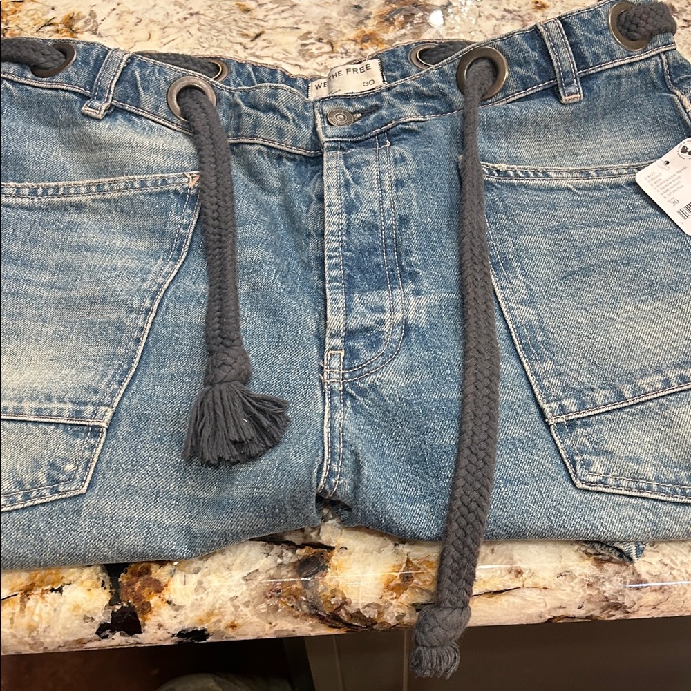 We The Free Washed Blue Denim Cargo Jeans with Braided Drawstring